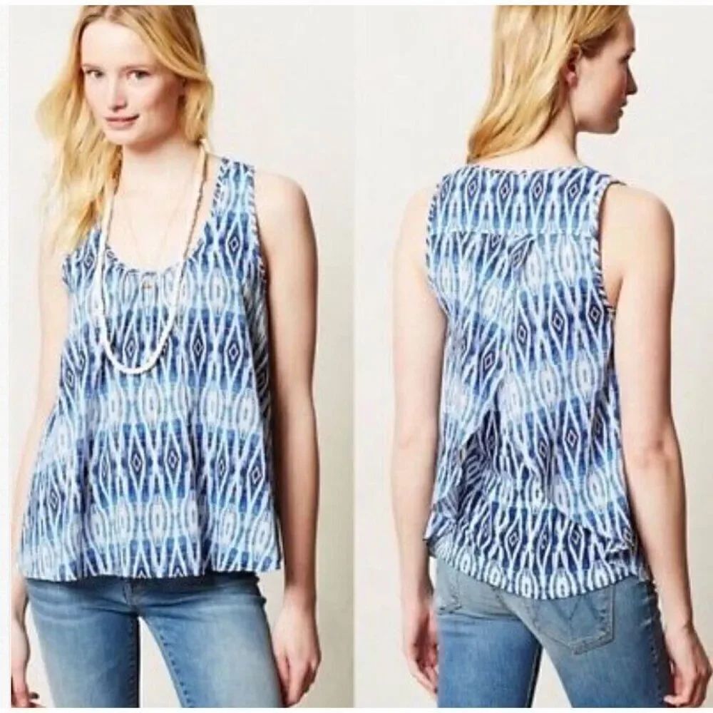 Anthropologie Meadow Rue Merlin Blue White Boho Print TUNIC TANK TOP XS